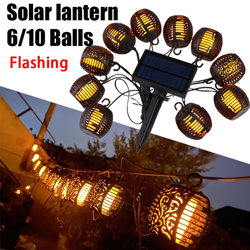 LED Solar Flame Lanterns Outdoors Solar Garden String Lights Waterproof Hanging Lantern Flickering Flame Lamp for