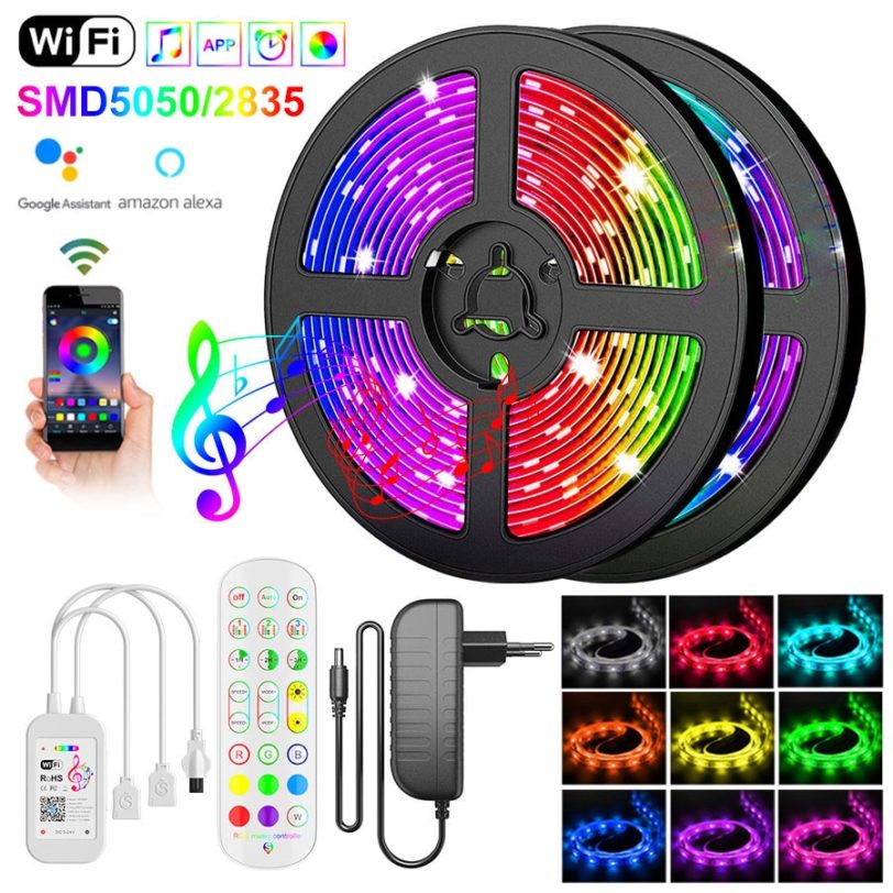 LED Strip Light WIFI 5050 RGB 10M 15M luces led Waterproof Diode Tape 2835 LED Strip Ribbon Adapter LED lights Phone APP Remote