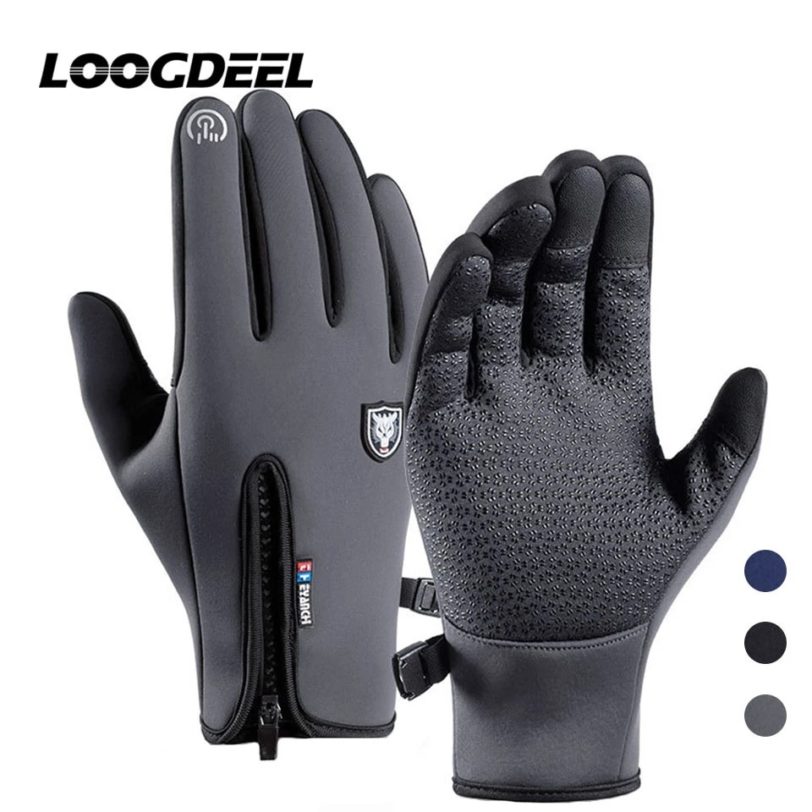 LOOGDEEL Cycling Bike Gloves Windproof Waterproof Anti-slip Touch Screen Fleece Winter Warm Full Finger Fitness Riding Bike Glov