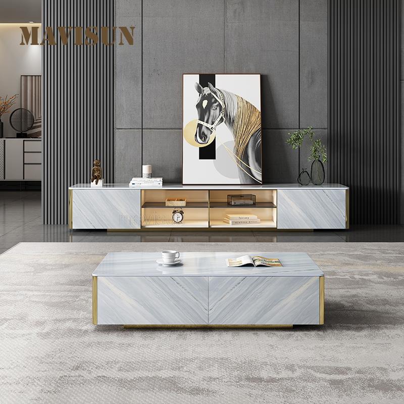 Light Luxury Rock Board Tea Table Set Modern Minimalist Italian Rectangular Living Room Coffee Table TV