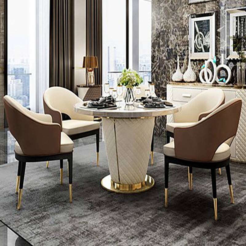 Light luxury marble dining table and chair Hong Kong style post modern leather art titanium stainless