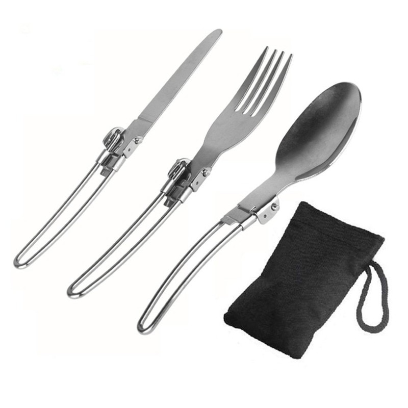 Long cookware backpack Spork fork stainless steel fold knife utensil spoon set combo Picnic camp cutlery 1