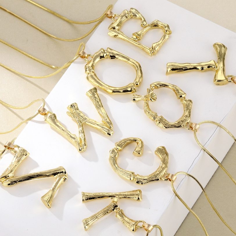 Lost Lady Big Gold Metal Bamboo 26 Letter Necklaces for Women Initial Alphabet Pendant Necklace Fashion Link Chain Jewelry Gifts