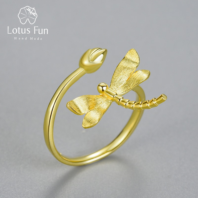 Lotus Fun Luxury 925 Sterling Silver 18K Gold Unusual Dragonfly Lotus Bud Adjustable Rings for Women
