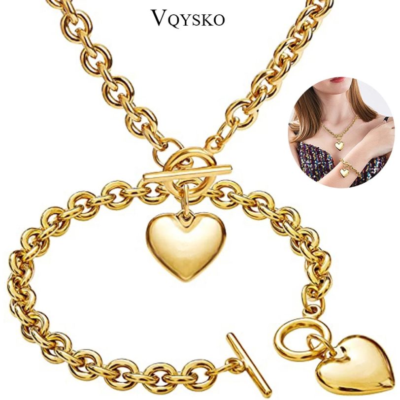 Love Heart Necklace and Bracelet Jewelry Sets for Women Gift Stainless Steel Engagement Wedding Party Chain Set Jewelry Fashion