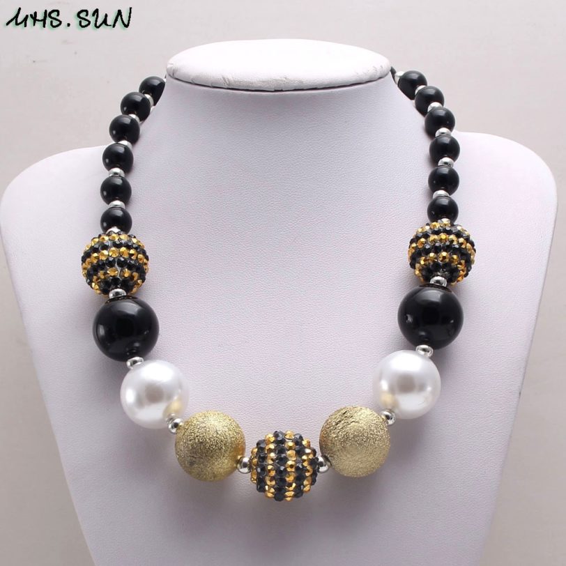 MHS.SUN Charming Black Acrylic Beads Necklace Kids Child Chunky Bubblegum Necklace Fashion Beaded Jewelry Handmade 1Pcs