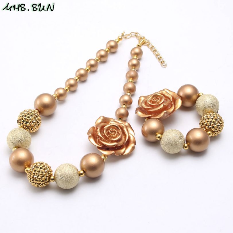 MHS.SUN Gold Rose Flower Chunky Beads Necklace For Child Kids Girl Fashion Bubblegum Necklace For Party Handmade Chunky Jewelry