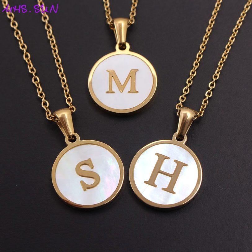 MHS.SUN Newest Gold Color 26 Letter Necklaces Alphabet Shell Pendant Necklace Fashion Chain Necklace For Women Men Jewelry 1PC