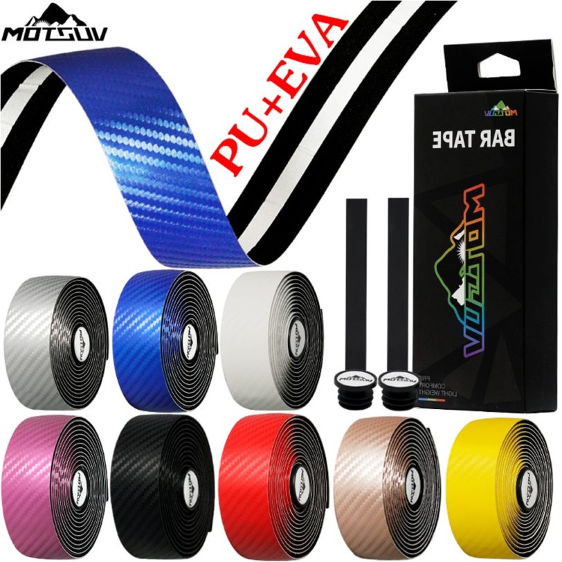 MOTSUV Road Bicycle Handlebar Carbon Fiber Pattern EVA PU Bar Tape Soft Cycling Damping With 2 Bar Plug Anti-slip Shock straps