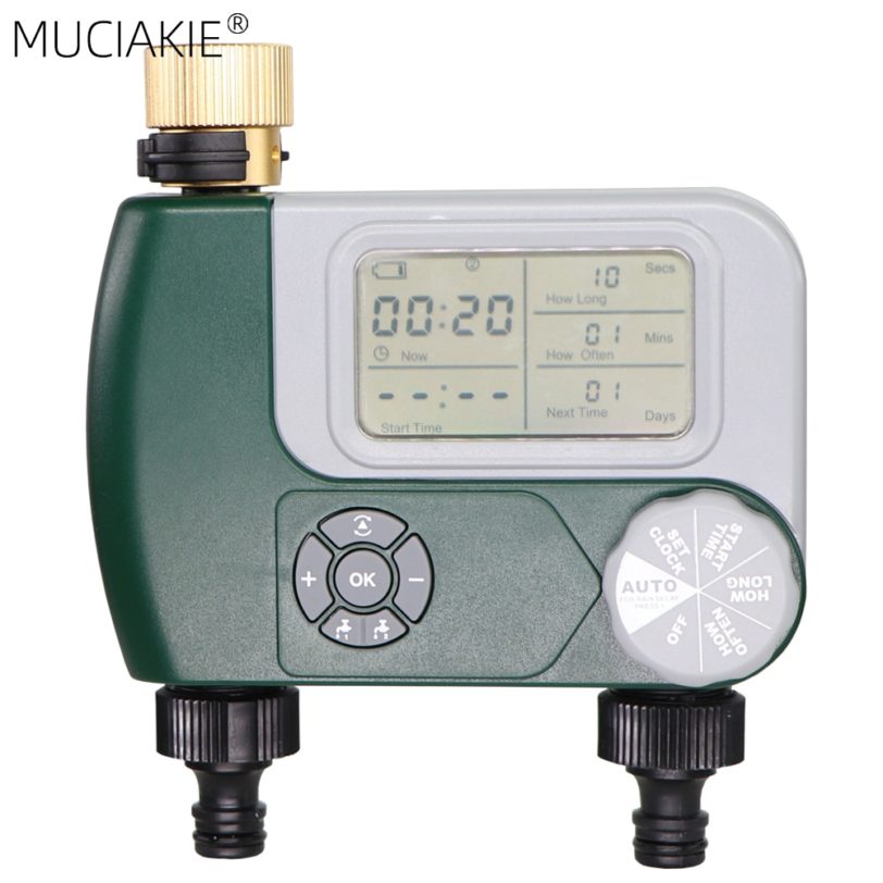 MUCIAKIE Garden Programmable 2-Outlet Timer Brass 3/4'' Female Inlet Hose Faucet Water Irrigation Controller System Sprinkler