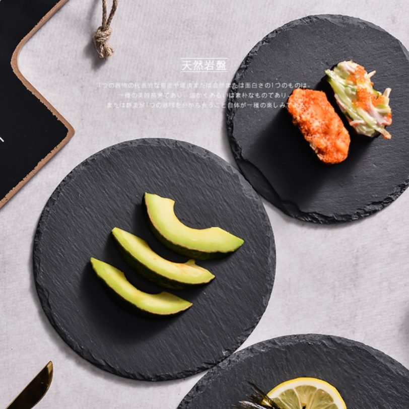 Natural Rock Plate Restaurant Steak Sushi Display Dishes Black Slabstone Barbecue Pan Banquet Rock Plate Serving Dishes