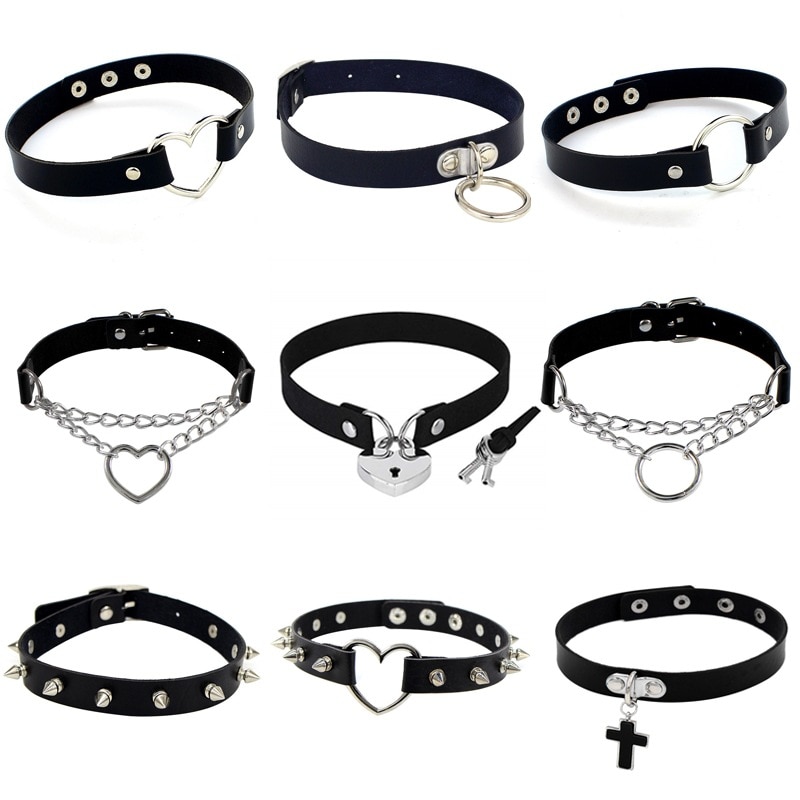New Gothic Punk Leather Choker Necklace For Women Teens Girls Rivet Heart Cross Collar Necklace Rock