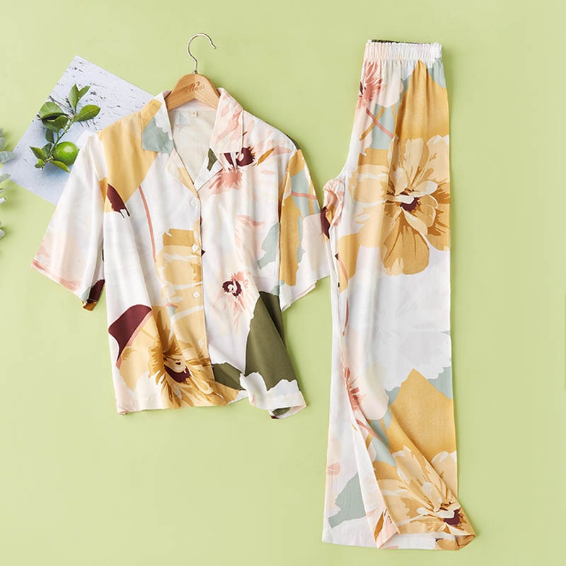 New Summer Cotton Pajamas For Women Turn down Collar Sleepwear Long Pants Causal Femme Pajamas Set