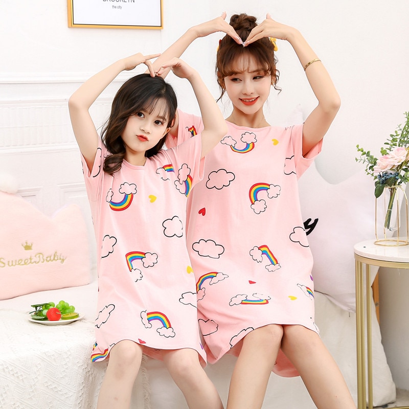 New Summer Girls Nightgown Pajamas kids Short sleeved nightdress cute 100 cotton child baby sleeping dress