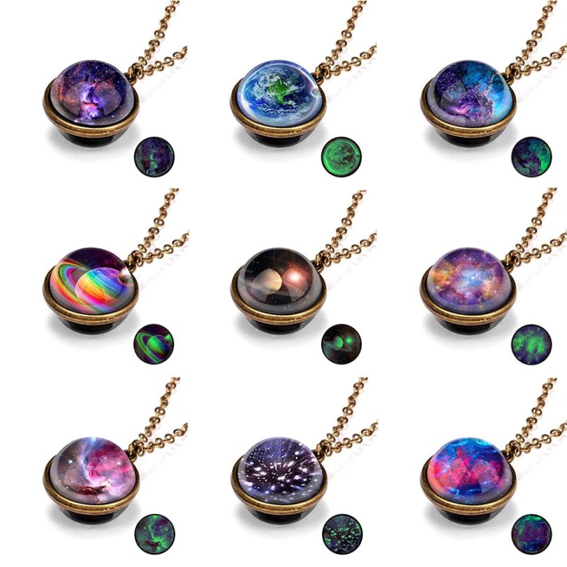 New Universe Planet Glass Luminous Double-Sided Retro Pendant Necklace For Women Men Galaxy Art Picture Jewelry Accessories