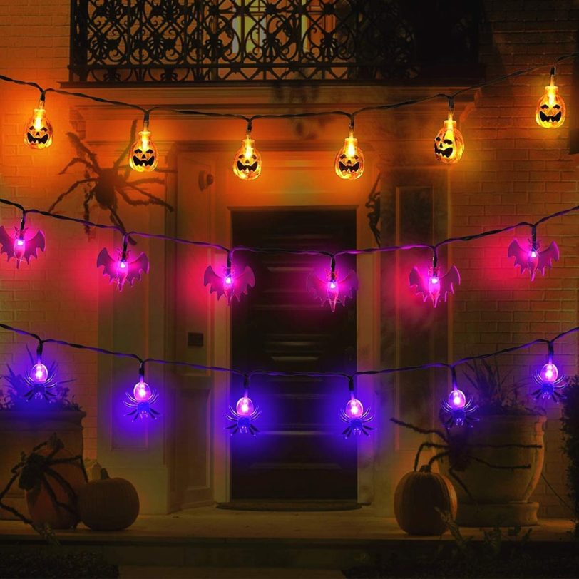 Outdoor Halloween Decorations Lights 10/20 LED Pumpkin Spider Bat Skull String Light Battery Operated for Indoor Halloween Party