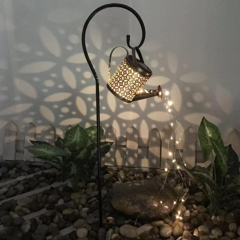 Outdoor Solar Watering Can Ornament Lamp Garden Art Light Decoration Hollow-out Iron Shower LED Lights String Garden Yard Decor