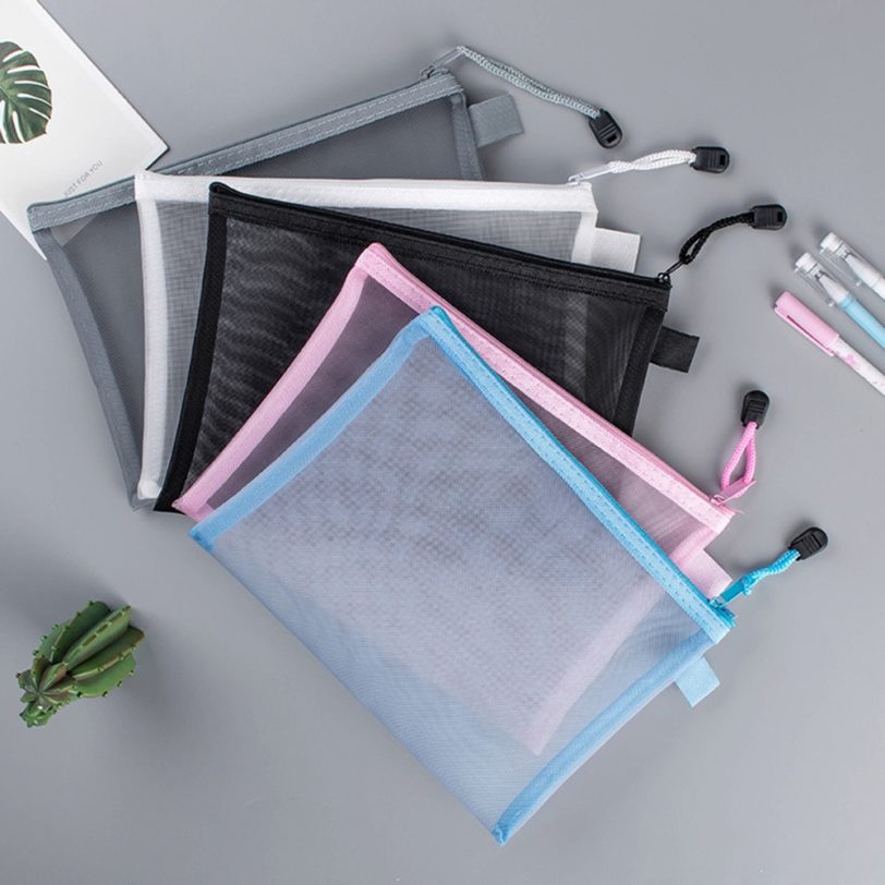 Pure Color Mesh Pencil Case Simple Transparent Mesh Document Bag Zipper Stationery Bag Nylon Bag Office School Supplies