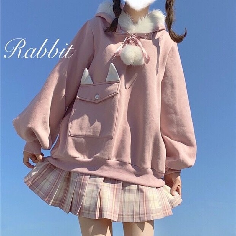 QWEEK Japan Style Kawaii Bunny Hoodie Women Cat Ears Pocket Sweatshirt Autumn Winter 2021 Fashion Cute