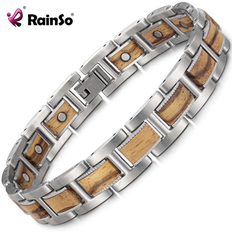 Rainso Stainless Steel Bracelet Bangle Men s Wrist Bracelet Zebrawood Charm Magnetic Health Care Link Friendship