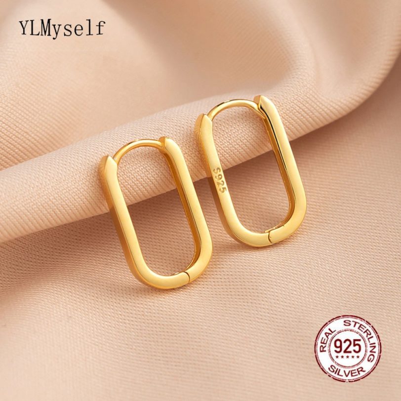 Real Sterling Silver Hoop Earring Geometric Design Gold Plate Elegant Jewelry 925 Jewellery For OL Lady