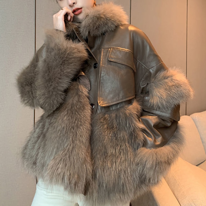 S 3XL Winter New Imitation Fox Fur Women Coat With Faux Leather Suit Collar Elegant Thick