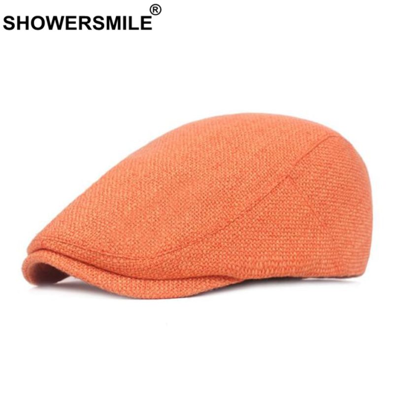 SHOWERSMILE Flat Caps for Men Cotton Linen Duckbill Ivy Cap Women Vintage Solid Orange Casual Autumn Beret Cabbie Cap Unisex