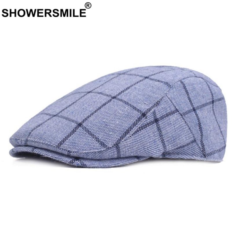 SHOWERSMILE Men's Blue Berets Plaid Adjustable Cotton Flat Cap Male Summer Autumn Classic England Breathable Duckbill Hat New