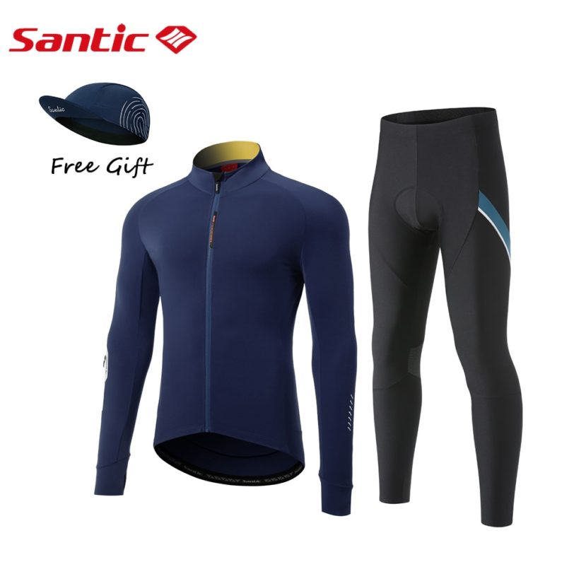 Santic Men's Cycling Jersey Suits Long Sleeve Thermal MTB Road Bike Bib Pants Winter Bicycle Shirts with A Free Size Cap Gift