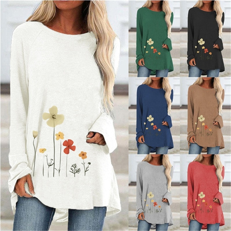 Spring And Autumn Shirt Large Size O Neck Fashion T Shirt 2021 Floral Print Long Sleeve