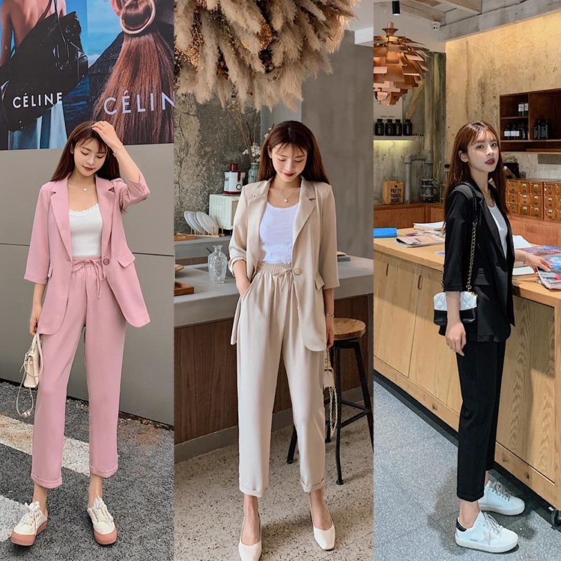 Spring And Autumn Women's Office Suit Sets Solid Color Pantsuit Casual Seven-Point Sleeve Blazer Suits Female Set 2 Pcs Outfit