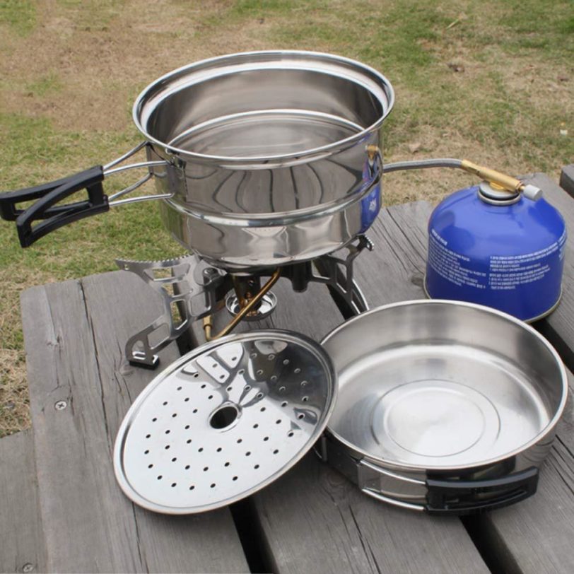 Stainless Steel Outdoor Picnic Pot Pan Kit Camping Hiking Cookware Cover Cooking Set