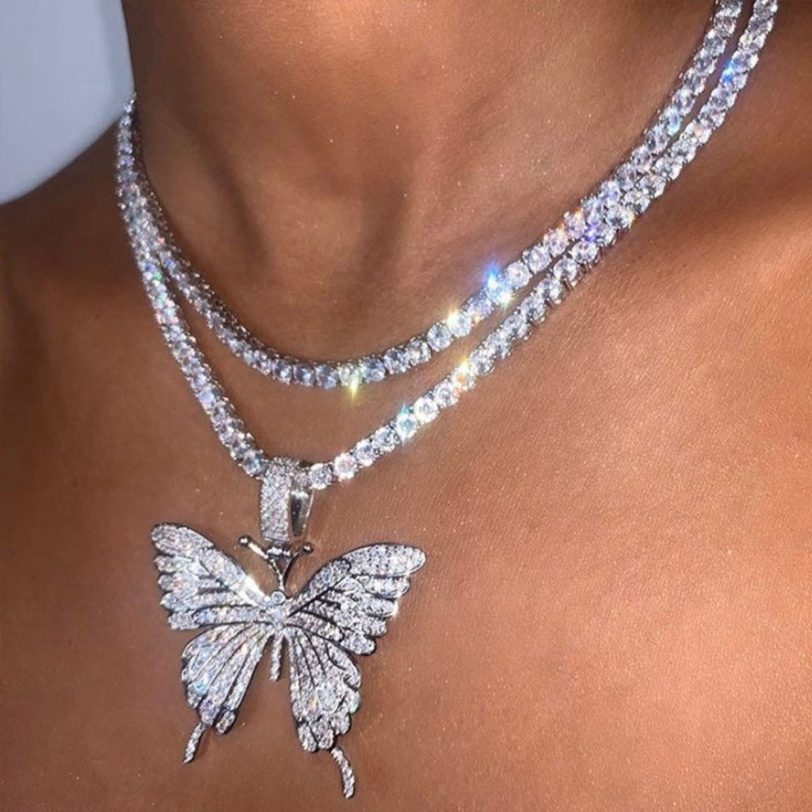 Statement Big Butterfly Pendant Necklace Rhinestone Chain for Women Bling Tennis Chain Crystal Choker Necklace Party Jewelry