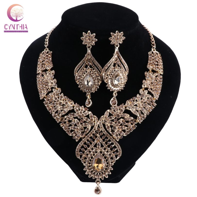 Statement India Style Necklace Earrings Sets Bridal Wedding Party Necklace Water Drop Gold Crystal Jewelry Sets