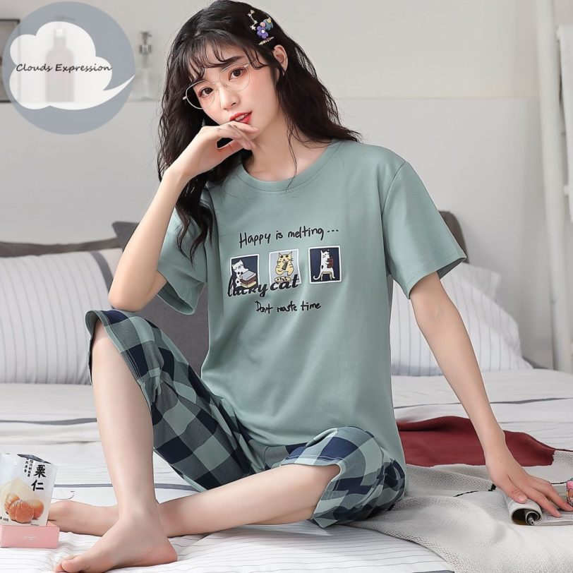 Summer Knitted Cotton Cartoon Pajamas Sets Women Pyjamas Sleepwear Nightwear Pijama Mujer Plus Size Calf-Length Pants Homewear - Image 3