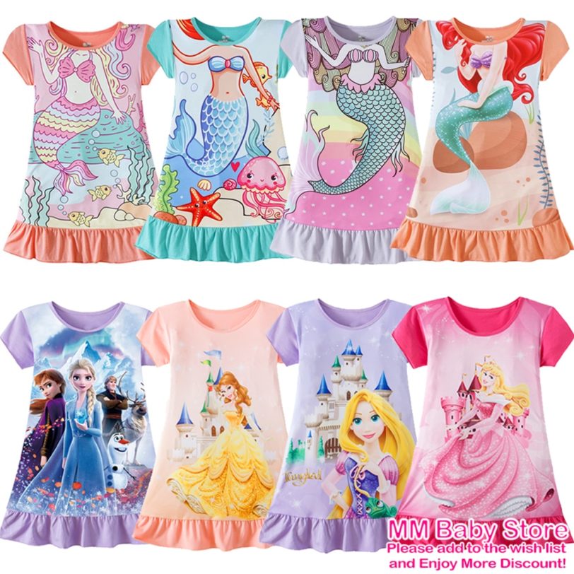 Summer New Cartoon Anna Elsa Printing Sleepwear Snow White Mermaid Girls Nightgowns Children Party Dresses Pajamas For Girls