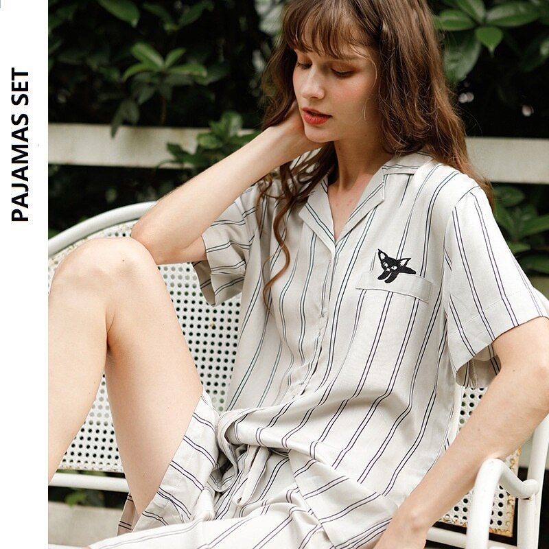 Summer Viscose Women Pyjama Set Casual Embroidered Short Sleeve Shirt with Shorts Striped Sleep Wear Home 1