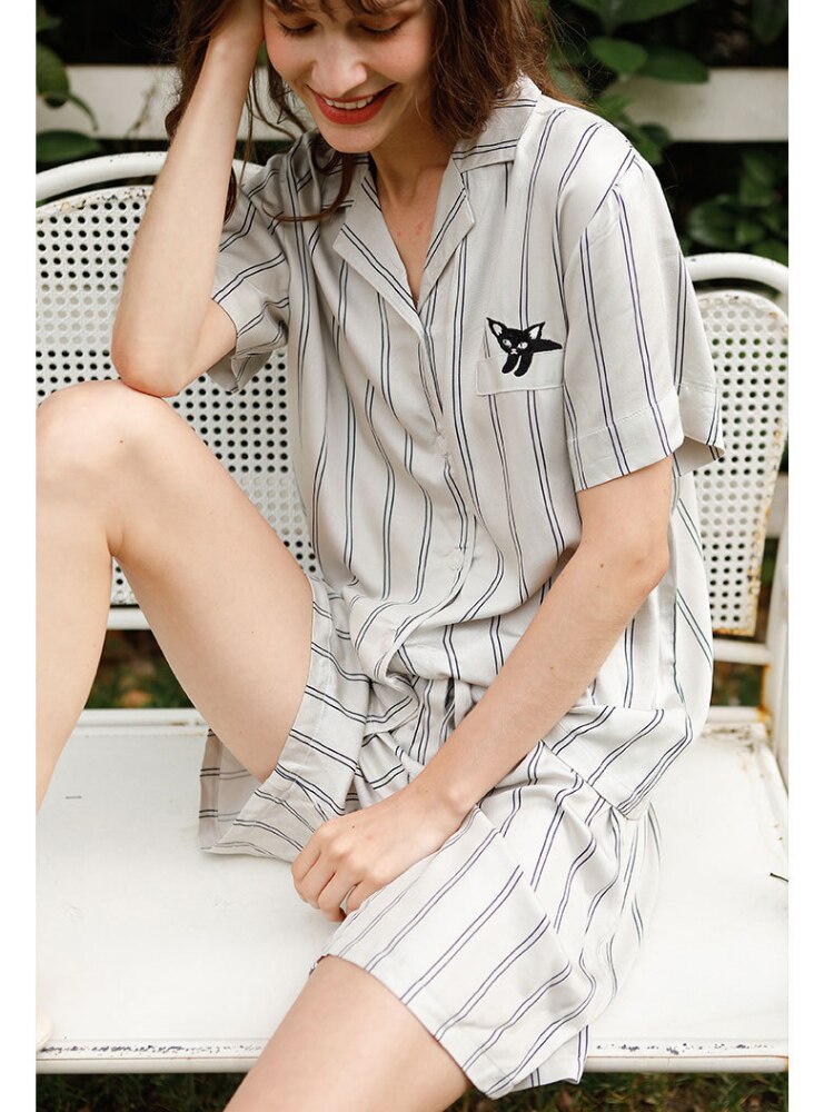 Summer Viscose Women Pyjama Set Casual Embroidered Short Sleeve Shirt with Shorts Striped Sleep Wear Home 2