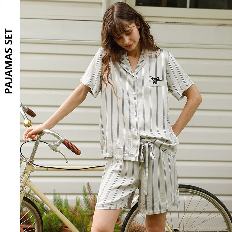 Summer Viscose Women Pyjama Set Casual Embroidered Short Sleeve Shirt with Shorts Striped Sleep Wear Home 3