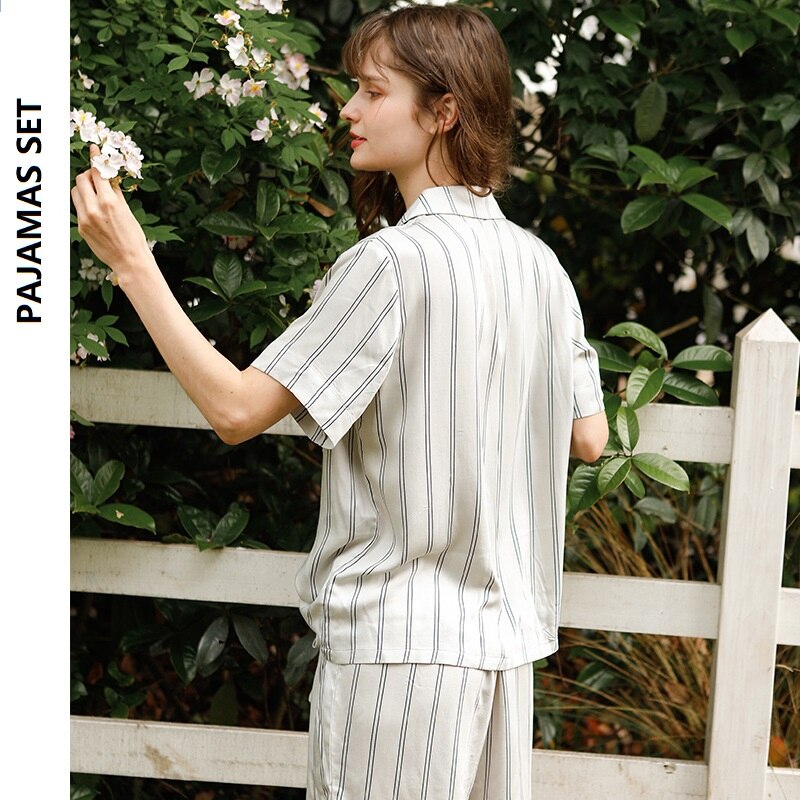 Summer Viscose Women Pyjama Set Casual Embroidered Short Sleeve Shirt with Shorts Striped Sleep Wear Home 4