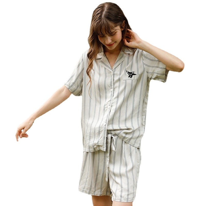 Summer Viscose Women Pyjama Set Casual Embroidered Short Sleeve Shirt with Shorts Striped Sleep Wear Home