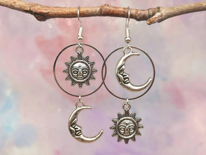 Sun And Moon Dangly Earrings Witchy Dangle Earrings Silver colour Mismatched Earrings Celestial Jewellery