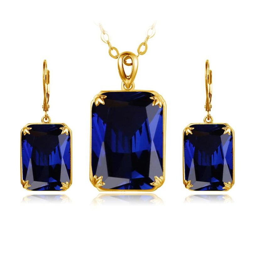 Szjinao 14K Gold Jewelry Set For Women Sparkling Blue Sapphire Pendant Earrings Sets Luxury Real Silver 925 Jewelry Party Gifts