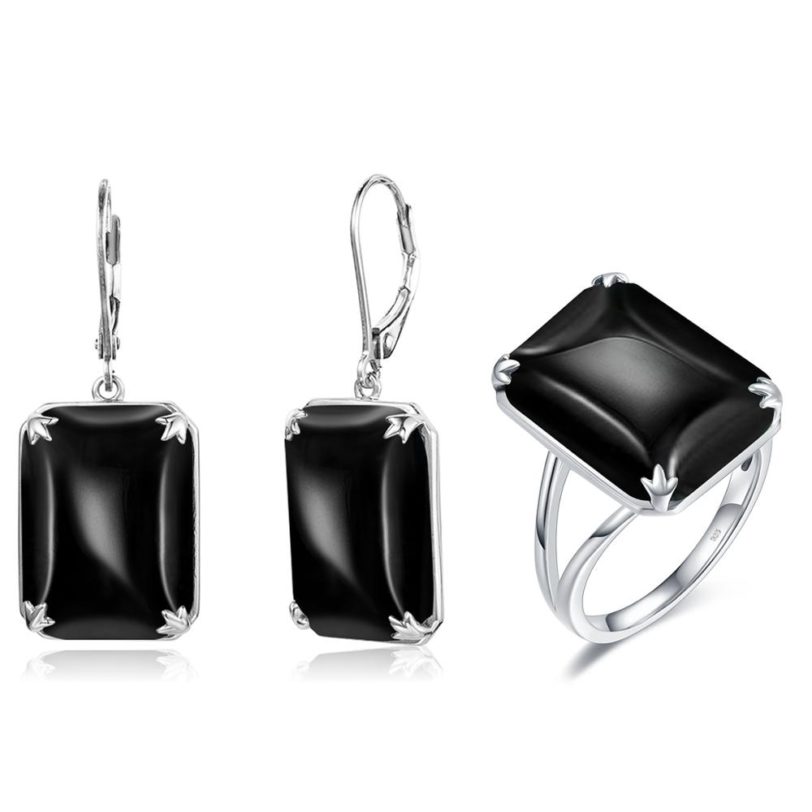 Szjinao Silver Jewelry Set for Women 925 Sterling Silver Black Onyx Earrings Ring Set Gothic Vitage Fine Jewelry Handmade Enamel