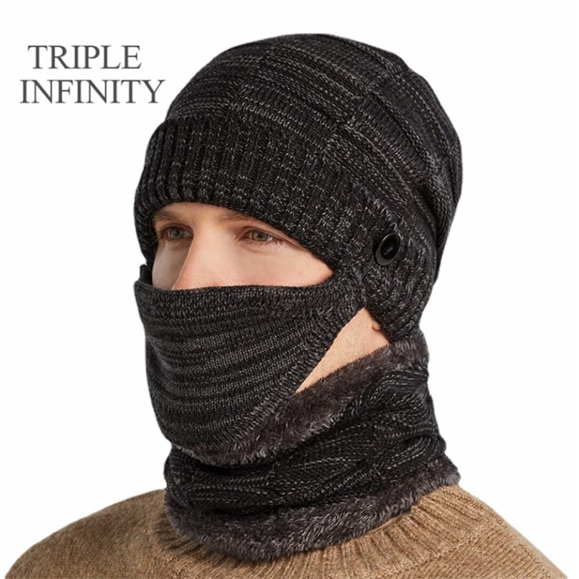 TRIPLE INFINITY New Winter Beanie Hat For Men Male Thick Windproof Comfortable Warm Knitted Hat Scarf Cap Cycling Bonnet Hats