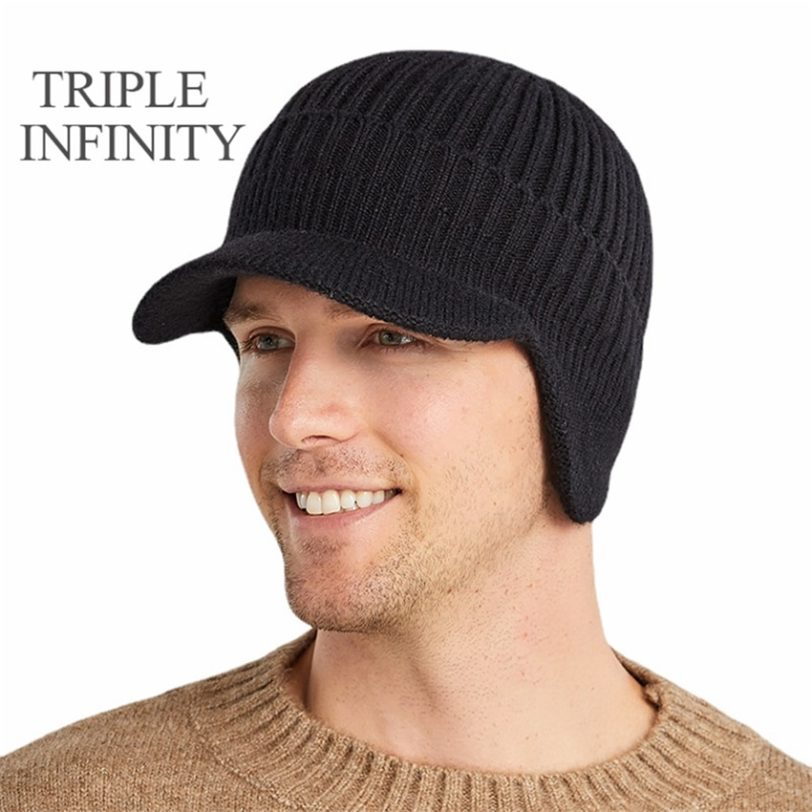 TRIPLE INFINITY Winter Men's Hat Thick Windproof Sun Visor Hat Outdoor Riding Warm Ear Protection Knitted Hat Male Baseball Cap