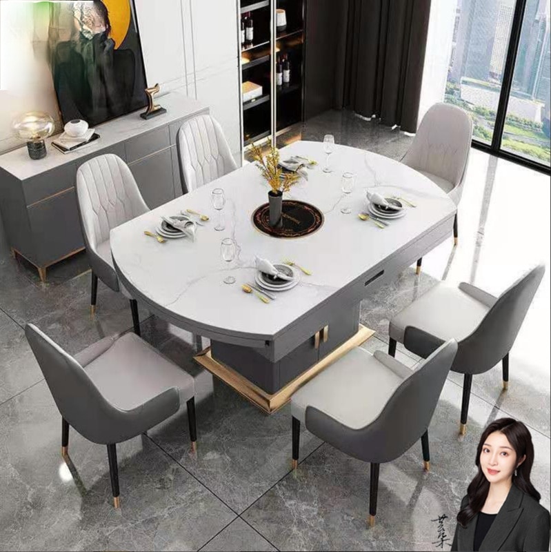 Table chairs Modern tempered glass retractable rock slab living room dining table family table