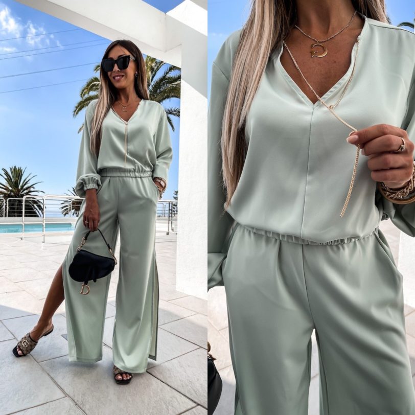 Tracksuit women Summer Chiffon Soft Crop top Pants Suits Solid Mujer Lady Suit Loose Split Sets outfit Vetement Femme 2021 - Image 3