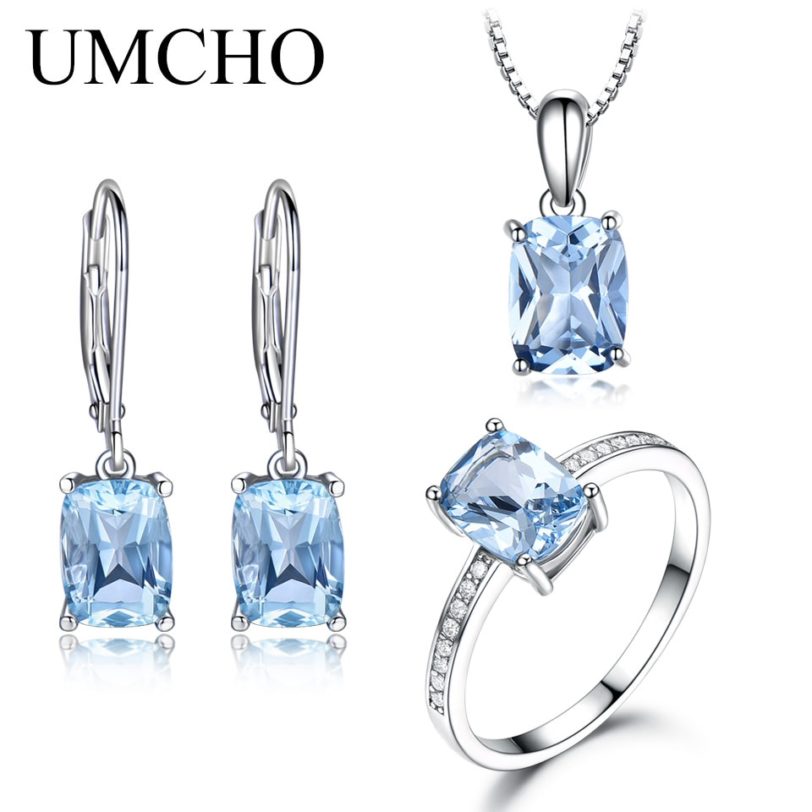 UMCHO Genuine 925 Sterling Silver Jewelry Set Aquamarine Sky Blue Topaz Ring Set Pendant Stud Earrings Necklace For Women Gift