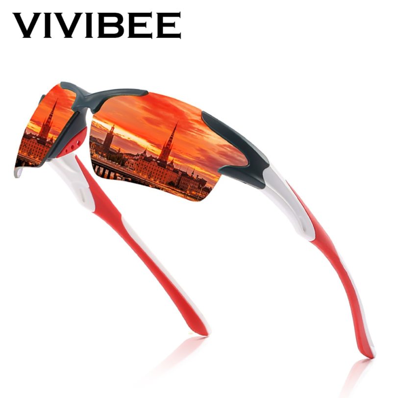 VIVIBEE 2021 Trending Luxury Sports UV400 Sunglasses Men's Fishing Goggles Women Mirror Red Lens White Frame Outdoor Shades